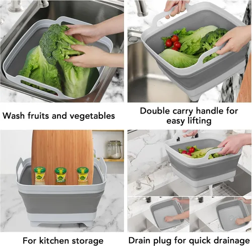 Miniatura 5 de Tiawudi Barreño para lavar platos, lavabo de 2.4 galones/9L con asas de transporte de tapón de drenaje, cubo plegable para limpieza, fregadero