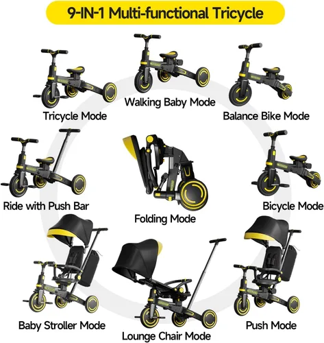 Miniatura 3 de WinHope Triciclo de empuje 9 en 1 para niños pequeños de 1 a 3 años, triciclo convertible para niños con asa de empuje y cinturón de seguridad, Negro