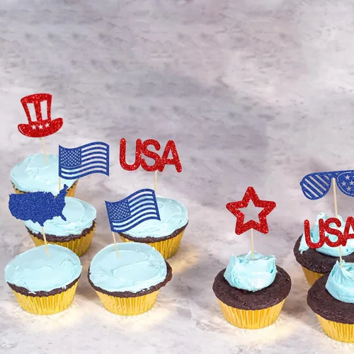 Miniatura 6 de Gyufise 24 adornos para cupcakes del Día de la Independencia con mapa de la bandera de Estados Unidos, patrióticos para cupcakes del 4 de julio, Día