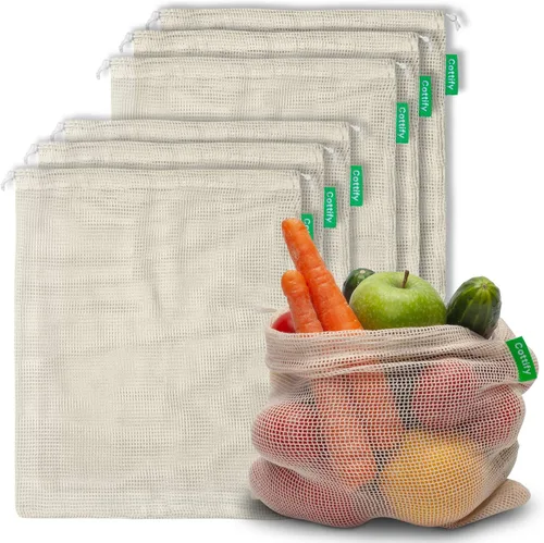 Miniatura 13 de 6 bolsas reutilizables para productos alimenticios lavables Bolsas de malla de algodón orgánico para productos Doble costura y peso de tara