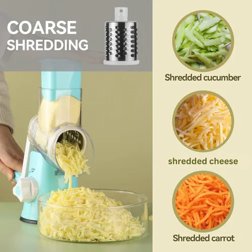 Miniatura 7 de Rallador rotativo de queso, rallador de cocina con 3 cuchillas de tambor, cortador manual de verduras y trituradora para verduras y nueces - Base