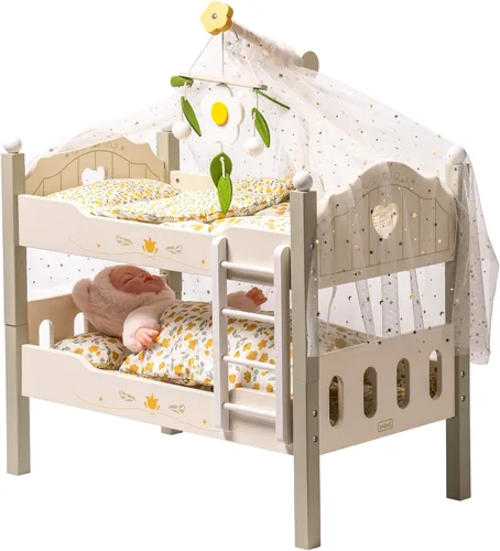 Miniatura 11 de ROBUD Cuna para Muñeca Bebé, Camas de Madera para Muñecas de 20 Pulgadas, Literas Azules para Muñeca Bebé con Tul, Cama para Muñeca American Girl