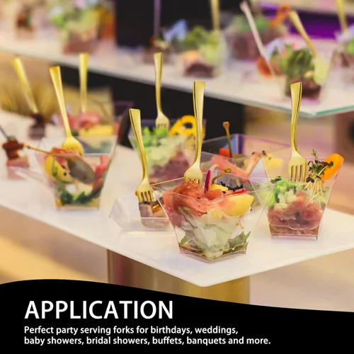 Miniatura 7 de Mini tenedores de plástico dorado de 4 pulgadas, paquete de 100 tenedores desechables para aperitivos, tenedores pequeños resistentes para fiestas