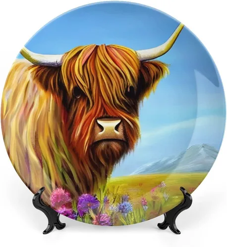 Plato decorativo, acuarela de vaca de las tierras altas, placa de exhibición, decoración artística, pintura para el hogar, oficina, fiesta, cena,