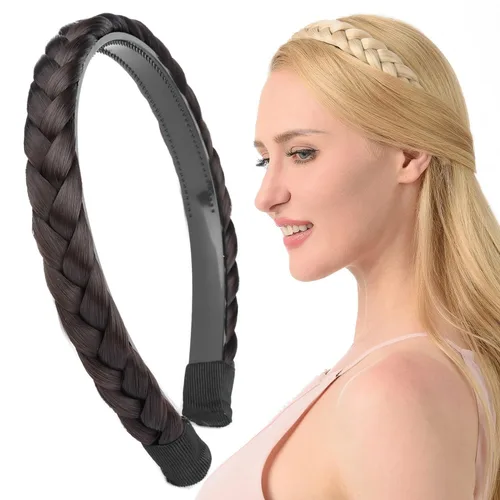 Miniatura 25 de Ancho de 1.5 cm Banda de pelo sintético trenzada estrecha con dientes para mujeres y niñas (Negro)