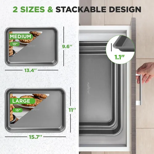 Miniatura 3 de NutriChef 2 bandejas de galletas grandes y medianas para hornear, bandeja antiadherente para galletas, pasteles de hoja y asado, aptas para Gris