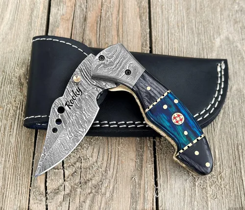 Miniatura 3 de Cuchillo de Bolsillo de Acero de Damasco para Hombres con Funda de Cuero, Cuchillos de Caza Plegables Hechos a Mano de 7 Pulgadas, Mango - Cuchillo