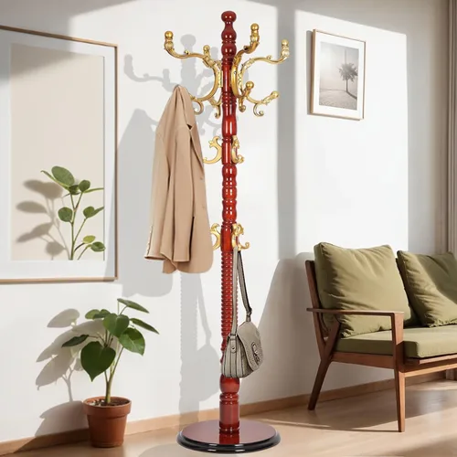 Miniatura 9 de Perchero de madera de 73 pulgadas, perchero independiente con base redonda estable, altura ajustable, para el hogar, dormitorio, oficina, pasillo