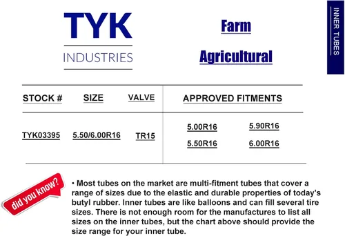 Miniatura 4 de Dos tubos internos de neumáticos de tractor agrícola de 5.90-16 con un vástago de válvula de goma de base ancha TR15 de TYK Industries.