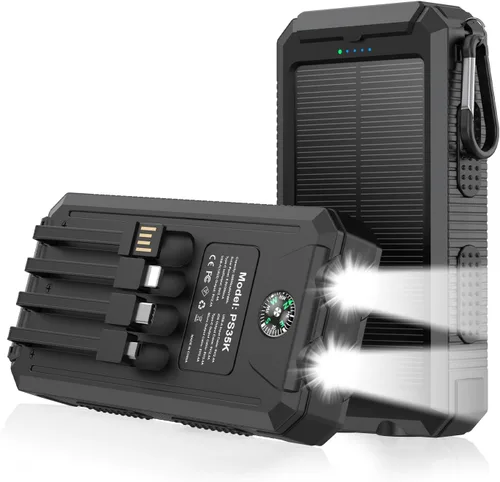 Cargador solar de 20,000 mAh, banco de energía portátil, 4 cables para exteriores, impermeable, cargador de teléfono externo de respaldo con USB-C