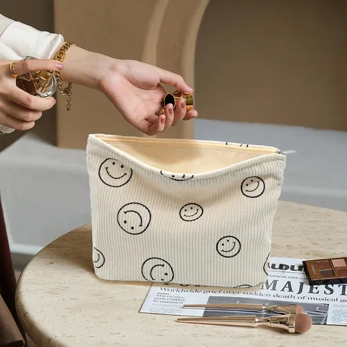 Miniatura 7 de Bolsa de maquillaje de pana, bolsa cosmestic de gran capacidad para mujeres y mujeres, organizador de maquillaje estético, accesorios con cremallera