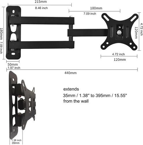 Miniatura 3 de Soporte de pared para TV, monitor de movimiento completo, giratorio e inclinable para monitor LED OLED LCD de 14 a 27 pulgadas, VESA 75 x 75 3.937 x