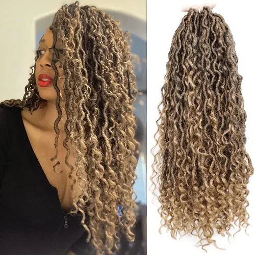 Miniatura 14 de Cabello de Crochet de 8 Pulgadas para Mujeres Negras, 7 Paquetes de Cabello de Crochet Goddess Locs con Puntas Rizadas, Locs Falsos Cortos con Bucle