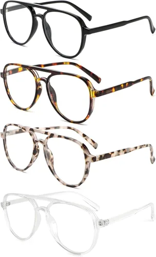 Miniatura 12 de MMOWW Paquete de 4 gafas de lectura estilo aviador sobredimensionadas para mujeres y hombres, estilo piloto retro de doble puente, con bloqueo