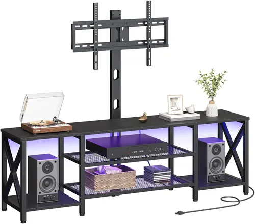 HOOBRO Soporte de TV con soporte y toma de corriente, centro de entretenimiento LED con soporte giratorio para TV de 32/45/55/60/65/70/75 pulgadas,