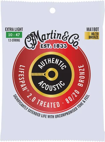 Miniatura 10 de Martin Auténticas cuerdas de guitarra acústica, tratamiento de vida útil 2.0, ligero, bronce 80/20