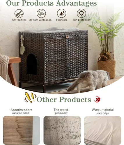Miniatura 3 de SETVSON Mueble Caja de Arena para Gatos, Caja de Arena Oculta de Ratán Tejido a Mano con Alfombrilla, Casa Grande para Gatos con Patas Elevadas