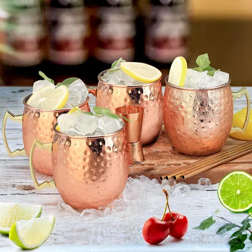 Miniatura 2 de Moscow Mule - Juego de 4 tazas de cobre chapadas de 18 onzas con asa, tazas grandes de acero inoxidable martillado con doble jigger de 0.5 onzas
