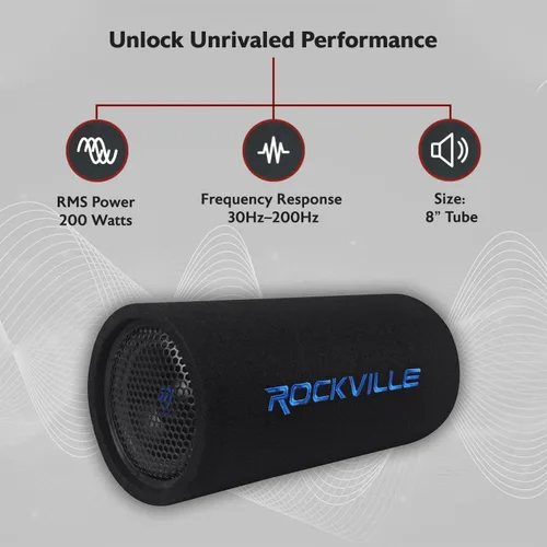 Miniatura 2 de Rockville RTB80A, subwoofer de bajos alimentado de 8 pulgadas y 400 W, forma de tubo con entrada mp3