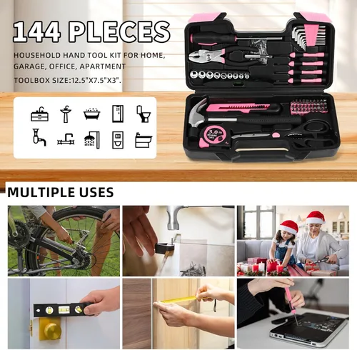 Miniatura 7 de Kit de herramientas de 144 piezas, color rosa, juego de herramientas básicas de reparación del hogar, kit de herramientas manuales para el hogar