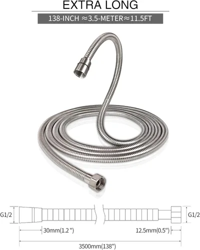Miniatura 2 de PHASAT Manguera de ducha, reemplazo de manguera de ducha extra larga de 138 pulgadas, manguera de cabezal de ducha de acero inoxidable 304, Níquel