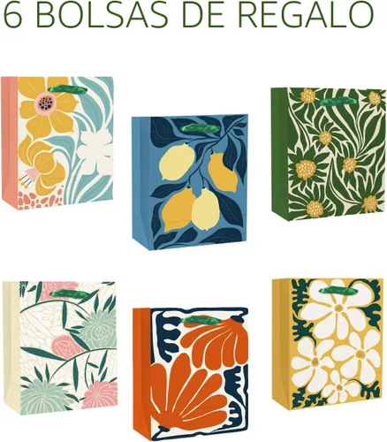 Miniatura 2 de qiqee 7.9 x 4.3 x 9.6 pulgadas, 6 bolsas de regalo de papel con flores llamativas con asas de papel tisú, bolsas de tamaño mediano