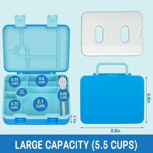 Miniatura 7 de Fiambrera Bento para niños con paquete de hielo, caja Bento a prueba de fugas de 5 compartimentos con utensilios, capacidad de 5.5 tazas