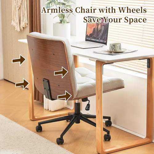 Miniatura 9 de Furnimart FSC - Silla de escritorio ancha de madera, giratoria de 360° con ruedas, cómoda silla de oficina para sentarse con las piernas cruzadas