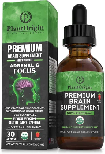 -Suplemento líquido orgánico para el cerebro USDA – Gotas nootrópicas a base de plantas para concentración, memoria y claridad mental – Vegano, sin