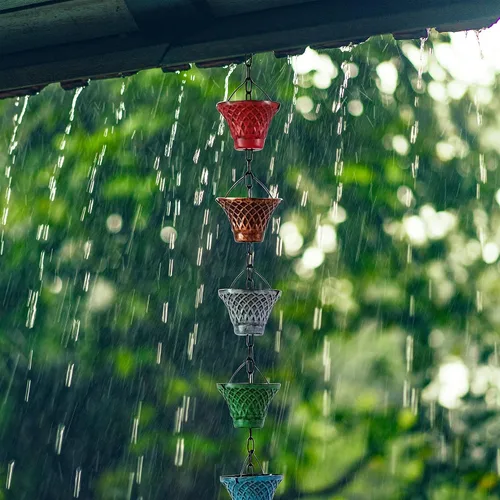 Miniatura 5 de Cadenas de lluvia de hierro multicolor de 5.8 pies para canaleta y barril de lluvia, resistente al óxido, cadena de lluvia chapada para decoración