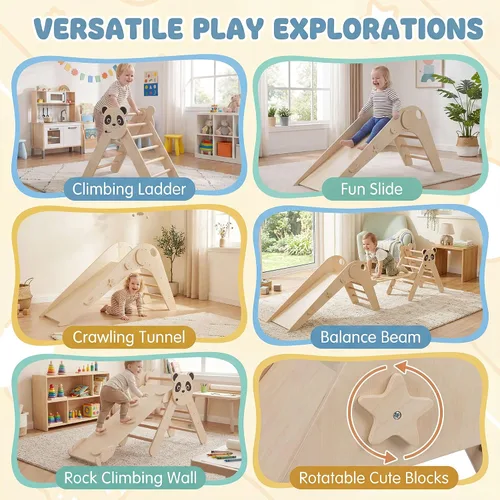 Miniatura 4 de GLACER Pikler - Juego de triángulos Montessori con temática de panda, juguetes de escalada para niños pequeños con escalera, túnel, tobogán, rampa