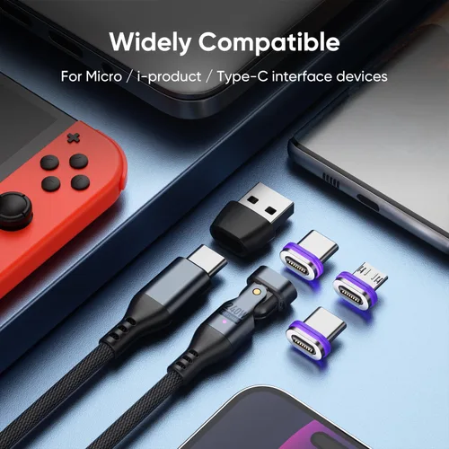 Miniatura 9 de Cable de carga magnético de 240 W, cable de datos magnético USBC a USB C giratorio de 180°, cable de carga rápida para teléfono micro USB