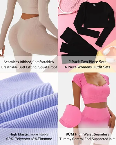 Miniatura 7 de FINETOO Conjunto de 4 piezas de entrenamiento para mujer, acanalado, sin costuras, manga larga, camiseta deportiva, sin mangas, cintura alta