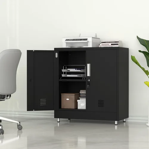 Miniatura 4 de Armario de almacenamiento de metal con puertas de bloqueo y estante ajustable, pequeño aparador con cerradura para el hogar, oficina, entrada, Negro