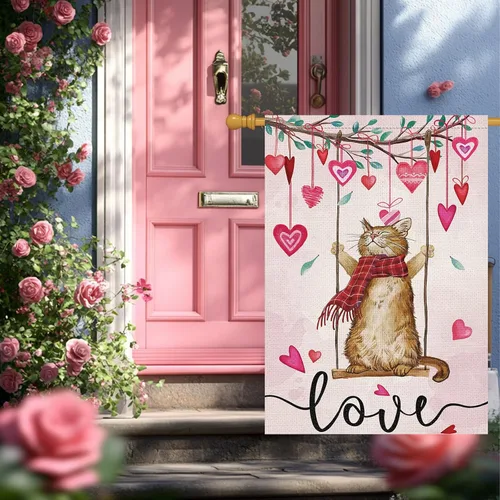 Miniatura 3 de Louise Maelys Bandera de casa de 28 x 40 pulgadas, doble cara, gran arpillera de bienvenida de gato, primavera, jardín, patio, corazón de amor