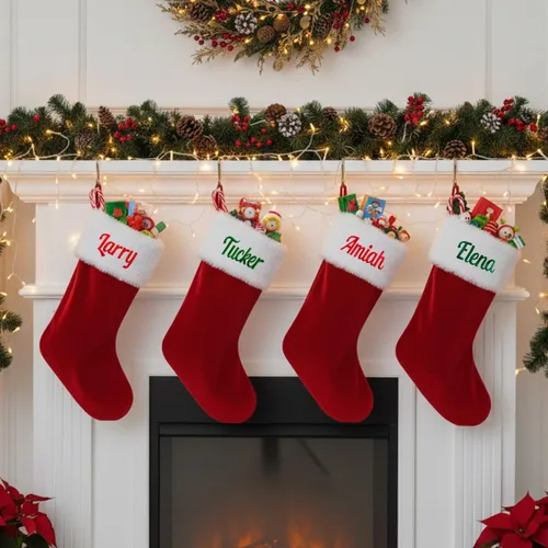Miniatura 7 de Ulico Medias personalizadas de Navidad, medias familiares con nombre personalizado, media grande de terciopelo rojo de 20" con puño suave de felpa