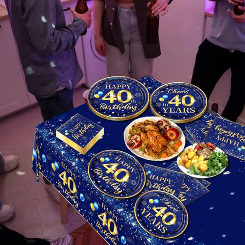Miniatura 4 de Decoración de 40 cumpleaños para hombres - Juego de 142 piezas de vajilla de cumpleaños azul marino y dorado (sirve para 20) Incluye pancarta