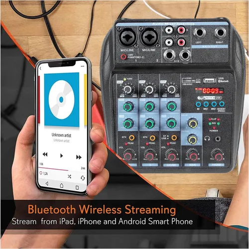 Miniatura 8 de Dj Mixers - Mezclador de audio de 4 canales con Bluetooth, interfaz de audio USB portátil con alimentación fantasma de 48 V, tablero mezclador
