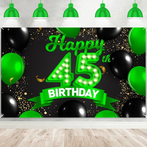 Miniatura 10 de Cartel de feliz cumpleaños 26 verde y negro, telón de fondo con texto en inglés "Cheers to 26 years old confeti", globos de confeti, decoración