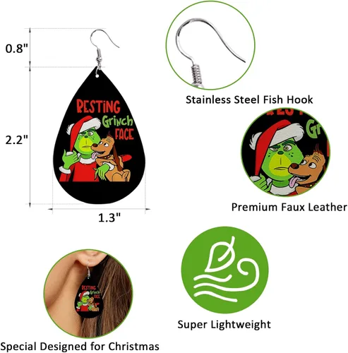 Miniatura 2 de Juego de 12 aretes de piel sintética de Feliz Navidad, aretes colgantes de lágrima de Navidad, joyería de moda a rayas negras y verdes, divertido