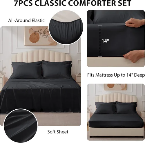 Miniatura 2 de juego de edredón tamaño individual negro - Cama en una bolsa tamaño individual 5 piezas, juego de ropa de cama suave para todas las estaciones