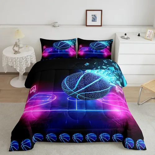 Juego de edredón de baloncesto, tamaño individual, juego de ropa de cama deportiva de neón para niños, niñas, adolescentes, azul, morado, degradado,