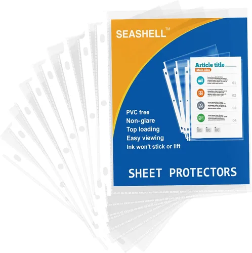 Seashell 100 protectores económicos de hojas antirreflejos, protectores de páginas de plástico para carpeta de 3 anillas, tamaño carta, carga