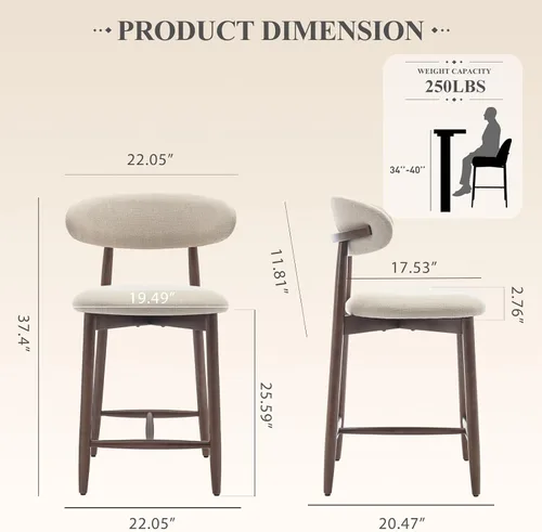 Miniatura 2 de COLAMY Taburetes de bar con respaldo, taburetes de bar de altura de mostrador, taburetes tapizados con patas de madera para cocina, isla de comedor