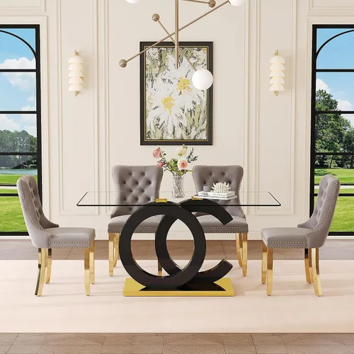 Miniatura 11 de Juego de mesa de comedor de cristal de 63 pulgadas para 6, juego de mesa de comedor moderno para 6, mesa de vidrio templado con patas negras