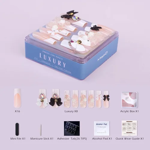 Miniatura 4 de Uñas postizas largas a presión, cuadradas, francesas, nude, rosa, lazo de lujo y diamantes de imitación de flores 3D, 24 unidades, uñas brillantes