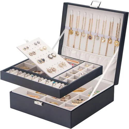 Joyero con cerradura cajas de joyería grandes para mujeres y niñas regalo ideal organizador de joyas de doble capa joyero para almacenar aretes