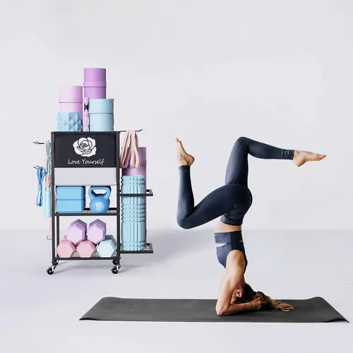 Miniatura 7 de Estante de Almacenamiento para Esterilla de Yoga, Estante de Almacenamiento para Gimnasio en Casa, Organizador de Almacenamiento de Equipo de Negro