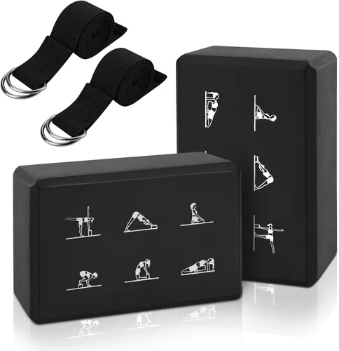 Miniatura 8 de Juego de 2 bloques de yoga y 2 correas de yoga, bloques de espuma EVA antideslizantes, ladrillos de yoga de alta densidad con correa de 6 pies, Negro