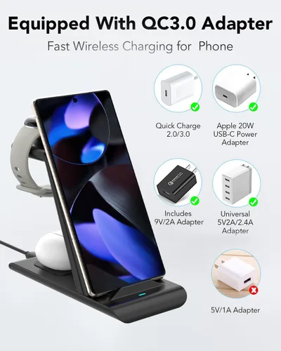 Miniatura 7 de Estación de carga inalámbrica 3 en 1 para cargador Google Pixel Watch 3/2, 10/10 Pro/10 Pro XL/9/9 Pro/9 Pro XL/8/7, Buds Pro 2, estación de carga